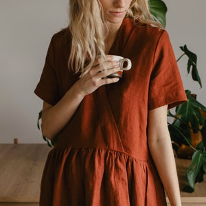 Summer Style Dresses, Mid Century Modern Linen Dress, Linen Clothing,Tunic Sundress With Pockets,Garden Wedding Guest Dress,Loose Midi Dress
