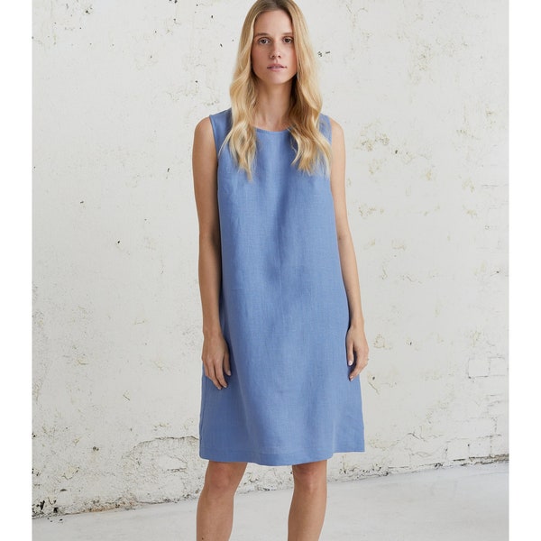 Mid Century Modern Dress, Dress With Pockets, Wedding Guest Dress, Modest Linen Dress, Blue Linen Dress, Summer Cocktail Dress, Casual Dress