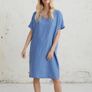 Short Sleeves Dress, Loose Linen Dress, Blue Summer Dress, V Neck Dress, Modest Linen Dress, Maternity Dress, Pregnancy Dress, Minimalist