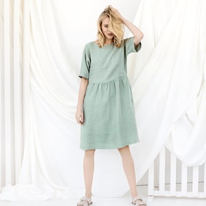 Abbigliamento da casa e da notte, abito midi in lino con tasche, abito Cottagecore, abito verde salvia, abito piccolo, abbigliamento in lino, Glowinslow