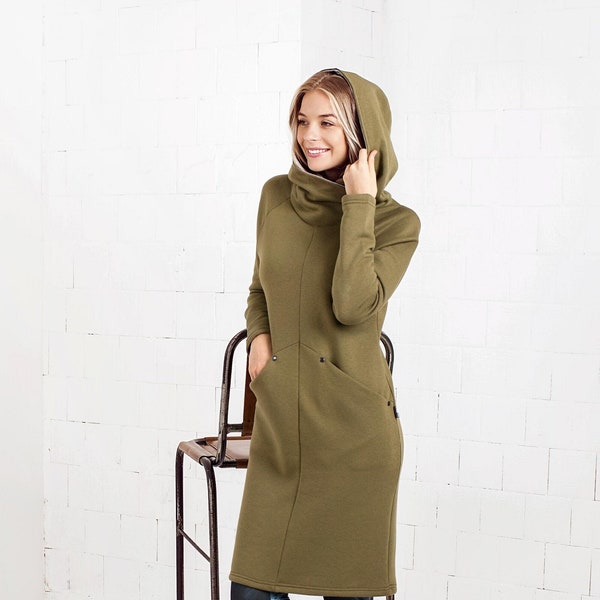 Minimalist Winter Dress, Hoodie Dress, Winter Womens Clothing, Khaki Hoodie Dress, Spring Clothing, Comfy Lounge Dress, Long Pullover Dress