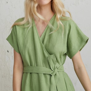Mid Century Modern, Green Summer Style Dress, Minimalist Clothing, Wedding Guest Dress, Wrap Linen Dress With Belt, Midi Wrap Dress, Modest