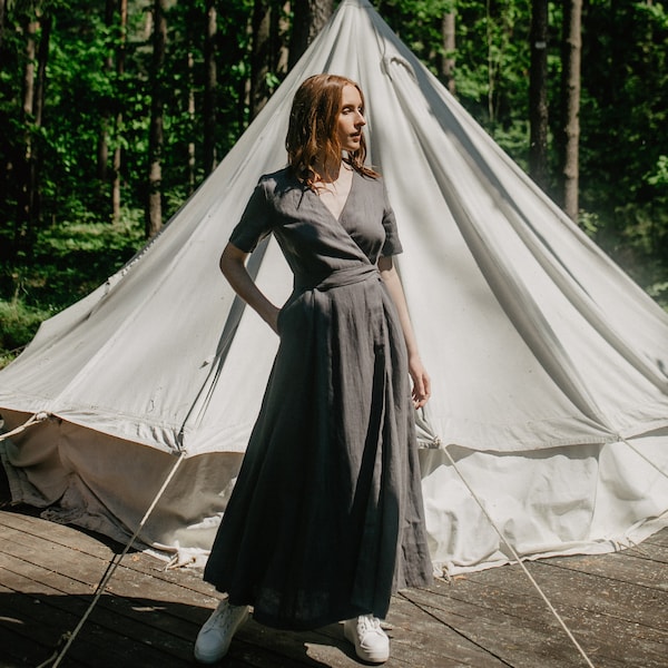 Linen prairie dress with belt - Maxi dress with pockets - Kaftan in linen - Modest wrap around long dress perfect for wedding guest dress