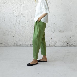 Linen Pleated Pants, Green Summer Pants, Mid Century Modern, Plus Size Clothing, Tapered Linen Pants, Linen Clothing, Bananas Pants, Boho image 1