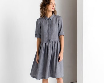 Modest linen smock prairie shirtdress for women with collar in preppy style