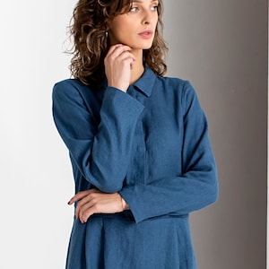 Women Linen Dress, Collared Linen Dress, Button Down Dress, Linen Clothing, Blue Shirt Dress, Campus Clothing, Long Sleeve Dress, 1950&#39;s