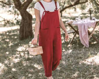 Linen jumpsuit maternity in multiple colors - Red linen dungarees women - Linen overall with pockets - Various sizes available