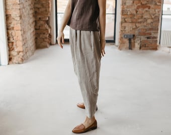 Linen Women Pants, Tapered Women Pants, Boho Linen Trousers, Retro Linen Pants, 90s Trousers, Casual Work Pants, Elastic Waist Pants