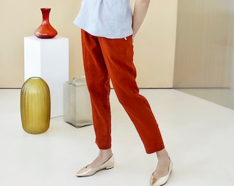 Tapered Linen Pants, Women Linen Pants, Terracotta Pants, Work Pants, Plus Size Trousers, Holiday Outfit, Relaxed Pants, Slacks Pants