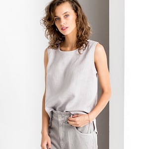 Light Grey Top, Linen Top, Summer Top, Sleeveless Blouse, Linen Clothing, Office Top, Plus Size Linen, Minimalist Clothing, Casual Top
