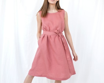 Pink Linen Dress, Petite Dress, Cocktail Dress For Wedding Guest, Sleeveless Dress, Linen Clothing, Plus Size Linen, Baby Shower Dress