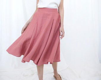 Pink Linen Skirt, Retro Pleated Skirt, Blush Midi Skirt, Linen Clothing, High Waist Linen Skirt, Modest Pocket Skirt, Walking Skirt
