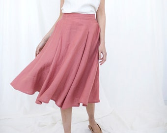 Roze linnen rok, retro plooirok, blozen midi rok, linnen kleding, hoge taille linnen rok, bescheiden zakrok, wandelrok