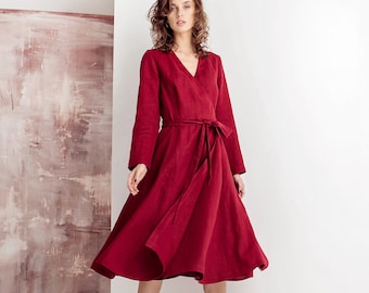 Mid Century Modern Dress, Womens Clothing, Spring Clothing, Red Linen Wrap Dress, Midi Cocktail Dress, Formal Dress, Long Sleeve Dress