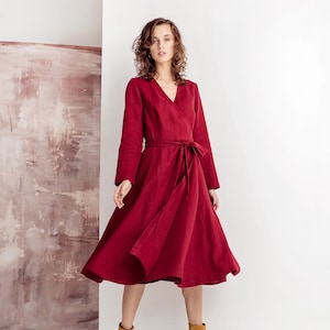 Mid Century Modern Dress, Wedding Guest Dress, Womens Clothing, Red Linen Long Wrap Dress, Midi Cocktail Dress, Formal Dress, Teacher Dress