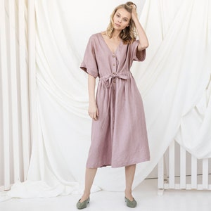 Linen Prairie Dress, Button Down Dress, Linen Belt Dress, Cottagecore Dress, Linen Clothing, Plus Size Dress, Tea Dress, Loose Dress