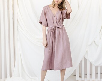 Linen Prairie Dress, Button Down Dress, Linen Belt Dress, Cottagecore Dress, Linen Clothing, Plus Size Dress, Tea Dress, Loose Dress