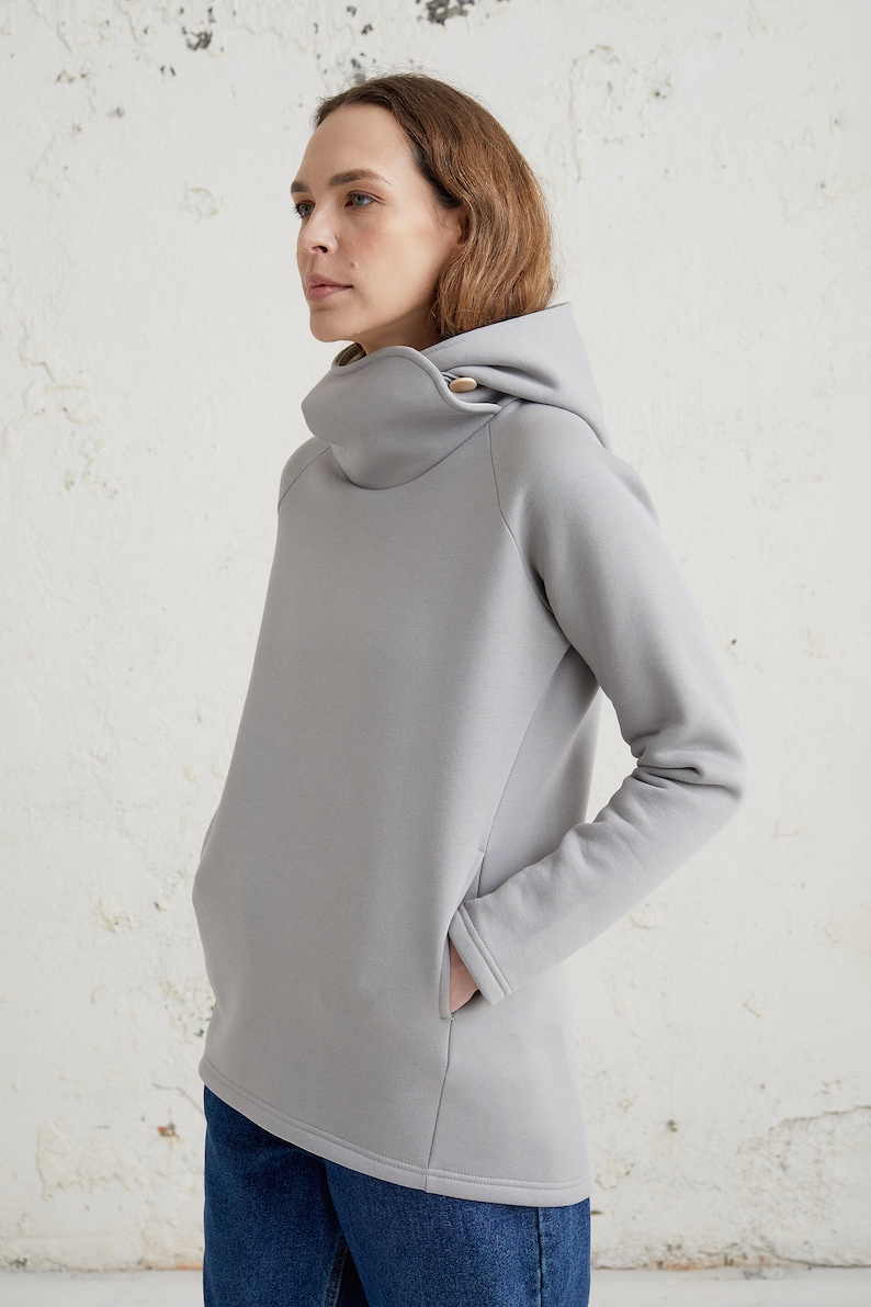 Cowl Neck Hoodie, Womens Clothing, Spring Clothing, High Neck Hoodie, Warm Turtleneck Sweater, Spring Pullover, Hooded Sweatshirt, Gift Light Grey