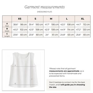Garment measurements for the linen tank top measured flat: bust, width and length in cm and inches, sizes XS to XL