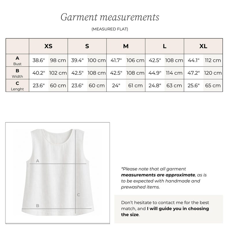 Garment measurements for the linen tank top measured flat: bust, width and length in cm and inches, sizes XS to XL