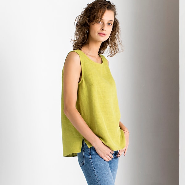 Chartreuse Linen Top, Linen Tank Top, Linen Clothing, Minimalist Clothing, Summer Tank Top, Linen Fashion, Green Tunic Top, Linen Loose Top