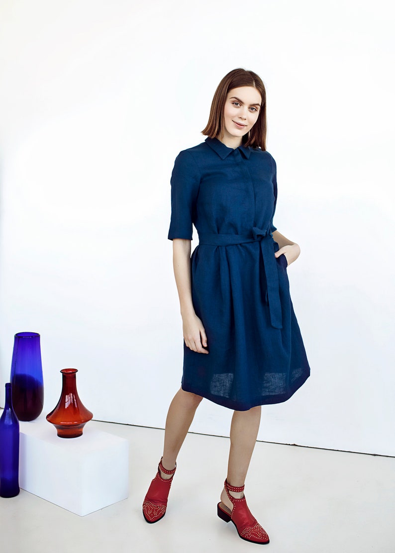 Linen Shirt Dress with Pockets Office Dress Collar Linen Etsy
