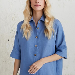 Leinen Hemdkleid, Mid Century Modern, Blaues Kleid mit durchgeknöpften Knöpfen, Minimalistische Kleidung, Leinen Hemdkleid, Hemd Tunika Kleid, Übergroßes Hemdkleid