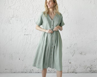 Linen Button Down Dress, Mid Century Modern Dress, Maternity Linen Dress With Pocket, Womens Clothing, Shirt Dress, Petite Dress, Spring