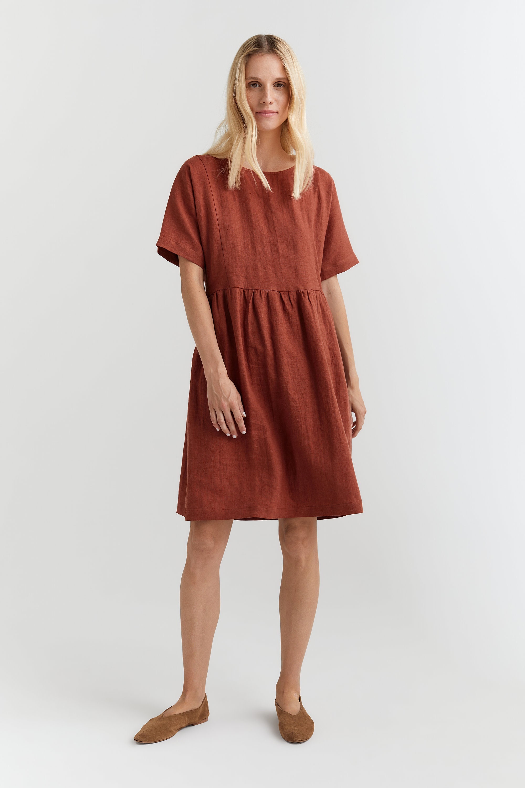 Terracotta Dress, Linen Clothing, Loose Waisted Dress, Midi Linen Dress, Minimalist Dress, Cottagecore Dress, Summer Style, Casual Dress