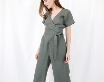 Linen Wrap Jumpsuit, Wedding Guest Outfit, Linen Kimono Jumpsuit, Wide Leg Jumpsuit, Linen Clothing, Overall In Linen, Mid Century Modern