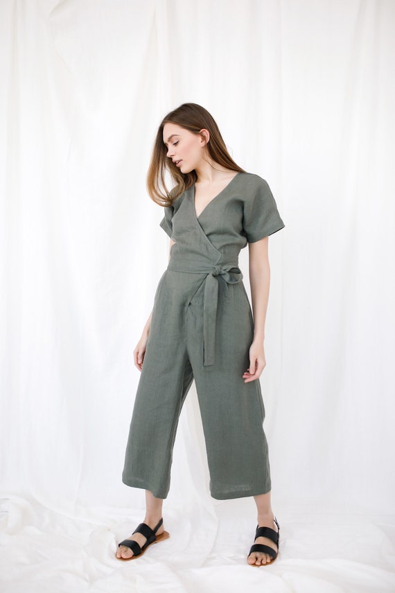 Dressy Jumpsuits for Women Wrap V Neck Sleeveless Collared Overalls High  Waist Pleated Wide Leg Long Pants Romper