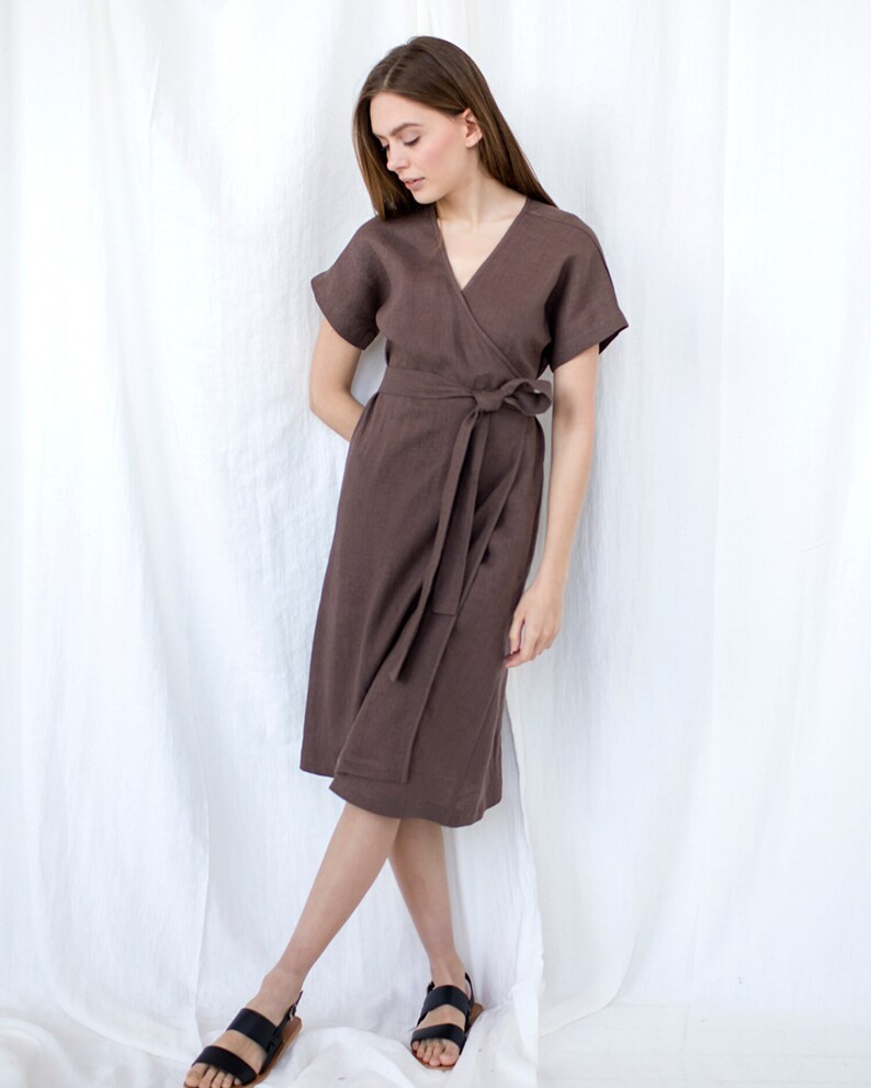 Pocket Natural Clothing Linen Chocolate Dress Linen Kimono Dress Baltic Linen Dress Plus Size Linen Wrap Dress Loungewear Dress