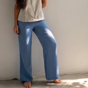 Blue Linen Pants, Linen Clothing, Wide Leg Pants, Spring Style, Womens Office Pants, Womens Clothing, Minimalist Pants, Relaxed Trousers
