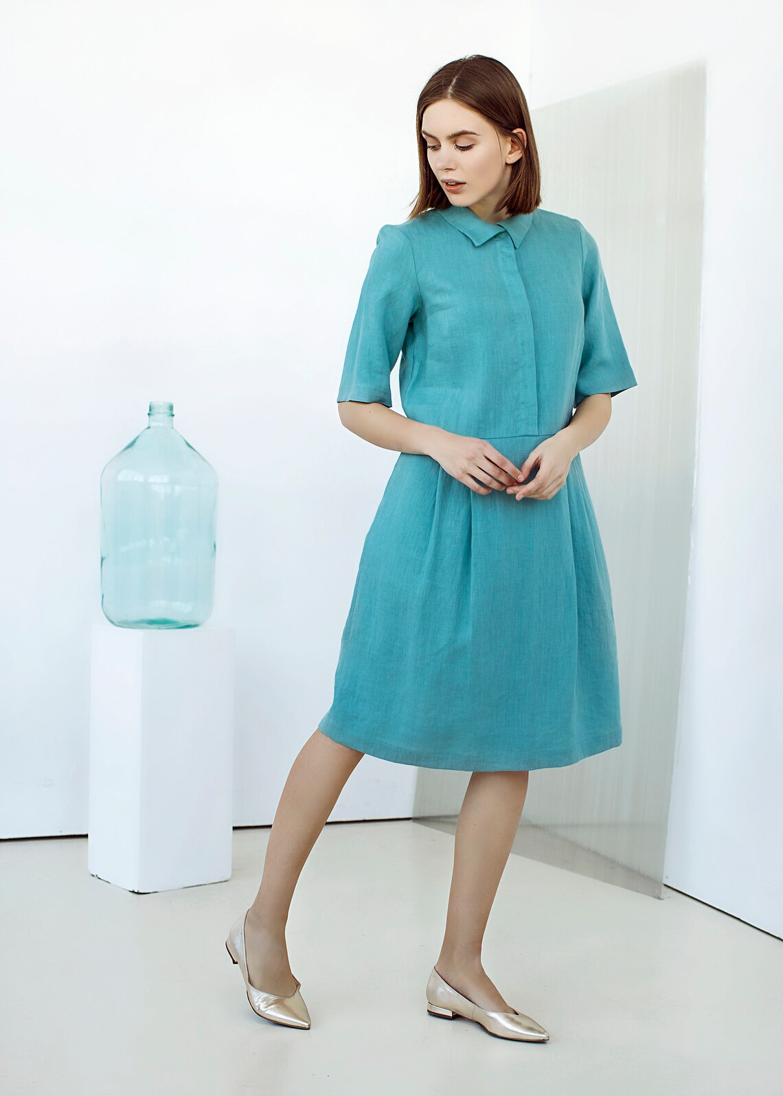 Linen Shirt Dress with Pockets Office Dress Collar Linen Etsy