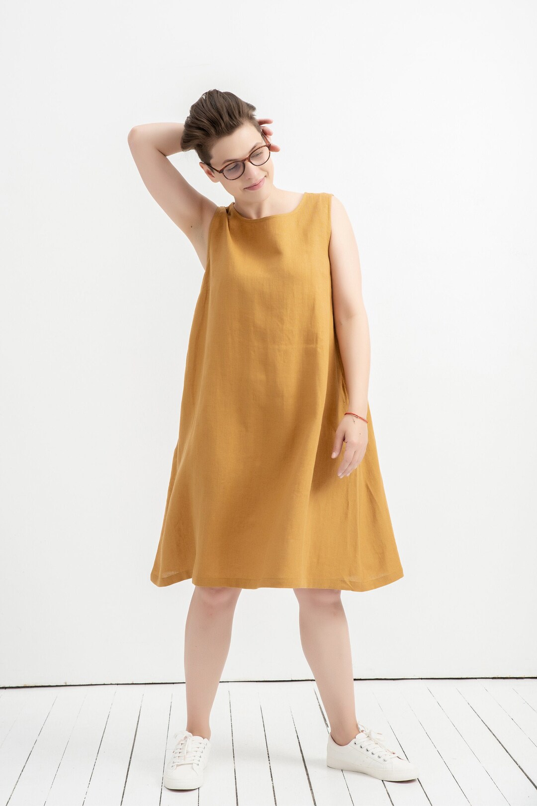 Mustard Linen Dress, Smock Dress Women, A Line Dress in Linen, Loose