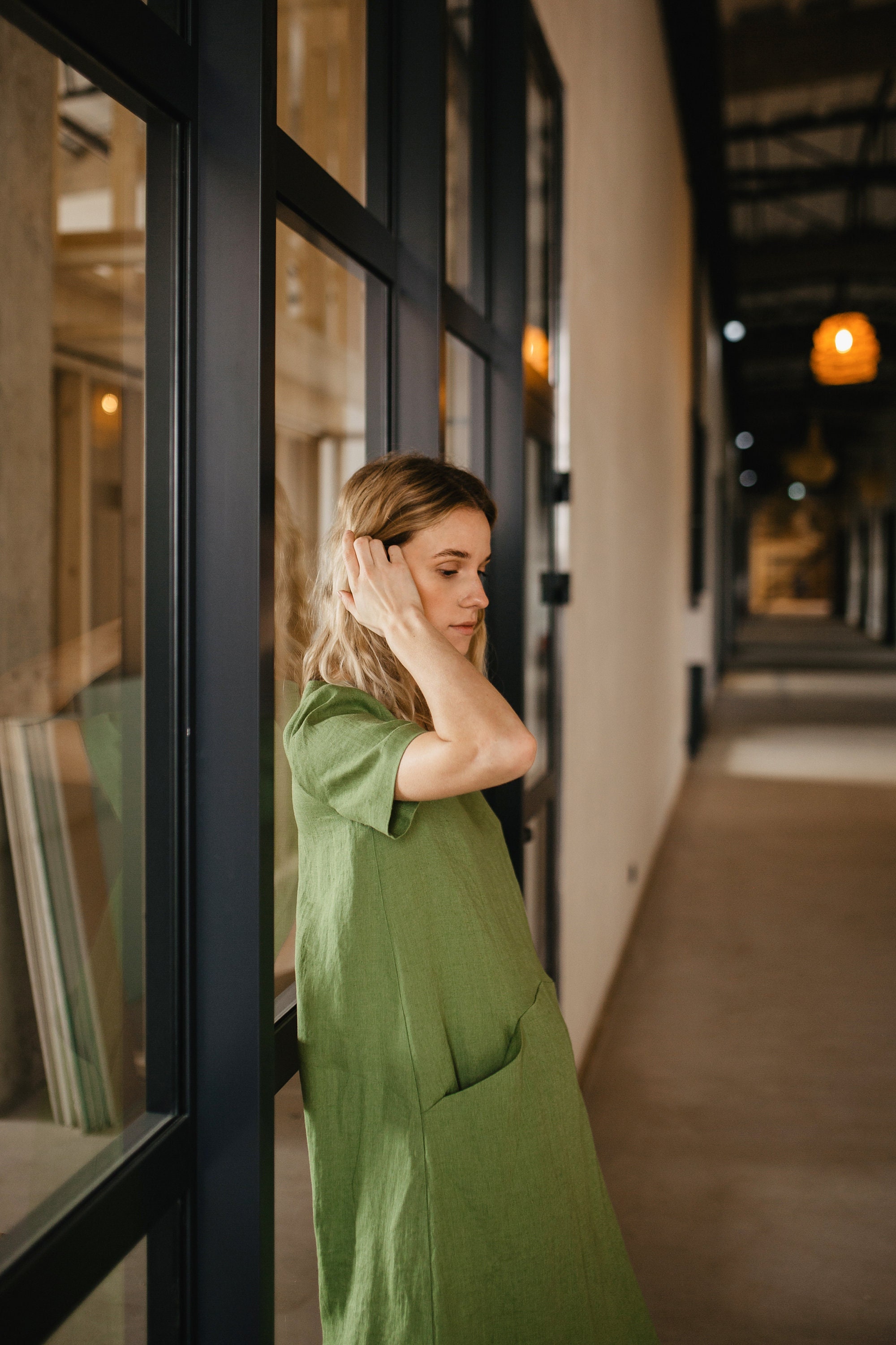 green linen shift dress Basic Linen Shift Dress Hunter Green  LF MARKEY