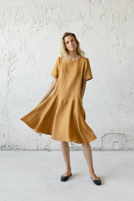 loose linen dresses uk Oversized White Linen Dress Curved Hem - Loose Linen Slip Dress Pockets -  Asymmetric V Neck Linen Dress - Low Back Linen Dress