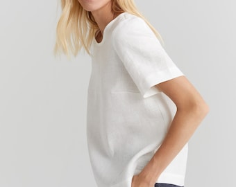 Summer Style, White Linen Shirt, Minimalist Top, Capsule Wardrobe, Short Sleeve Top, Basic Linen Shirt, Casual Linen Tshirt, Womens Clothing