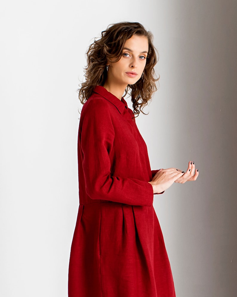 Linen Shirt Dress Red Linen Dress Lithuanian Linen Dress Etsy