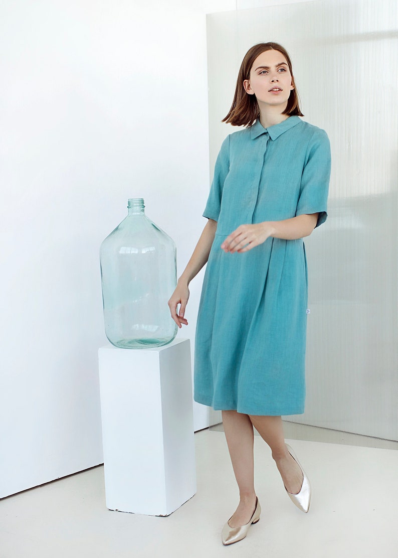 Linen Shirt Dress with Pockets Office Dress Collar Linen Etsy