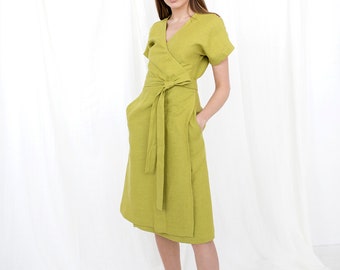 Chartreuse linen wrap dress with V-neck ideal for bridesmaid - Green linen dress - Plus size linen dress for summer
