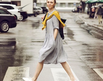 Lithuanian linen every day midi dress with pockets and short sleeves in mid century modern style linen spring clothing