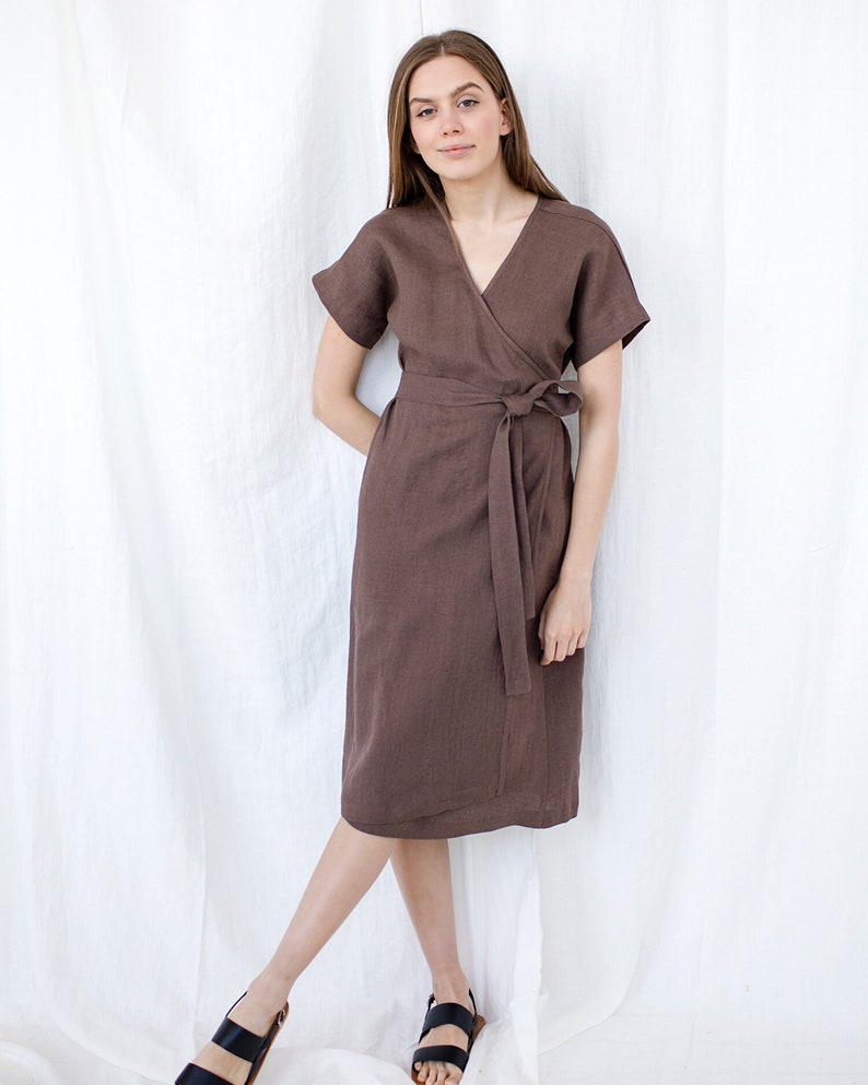 Pocket Natural Clothing Linen Chocolate Dress Linen Kimono Dress Baltic Linen Dress Plus Size Linen Wrap Dress Loungewear Dress