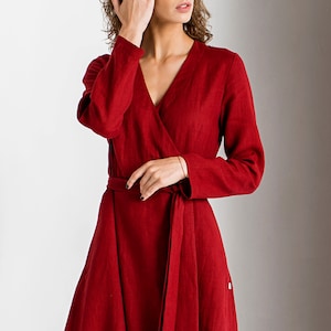 Midi Red Linen Dress, Wedding Guest Dress, Mid Century Modern, Red Wrap Dress, Womens Clothing, Cocktail Dress, V Neck Dress, Spring Style