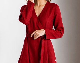 Mid Century Modern, Red Wrap Dress, Dresses For Women, Red Linen Dress, Midi Cocktail Dress, Spring Dresses, Long Sleeve Dress, V-Neck Dress