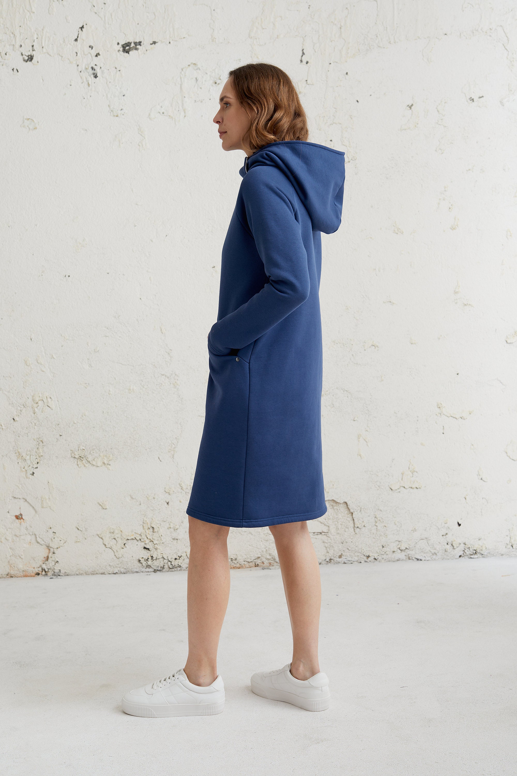 Blue hoodie dress for women, warm cotton handmade sweaters dress with pockets perfect for winter style cozy clothing gift