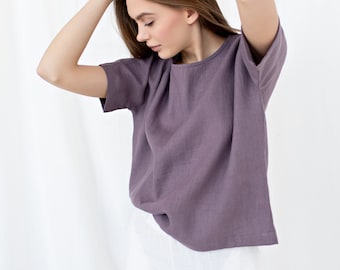 Losse linnen top met ronde hals in minimalistische stijl - Verschillende kleuren verkrijgbaar - Linnen blouse met korte mouwen