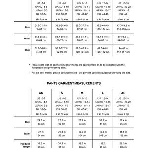 May include: Size chart for clothing with measurements in inches and centimeters. The chart includes sizes XS, S, M, L, and XL. The measurements are for bust, waist, and hips. The chart also includes measurements for pants, including bust, waist, and product length.