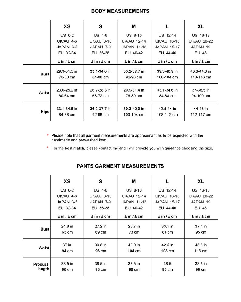 May include: Size chart for clothing with measurements in inches and centimeters. The chart includes sizes XS, S, M, L, and XL. The measurements are for bust, waist, and hips. The chart also includes measurements for pants, including bust, waist, and product length.