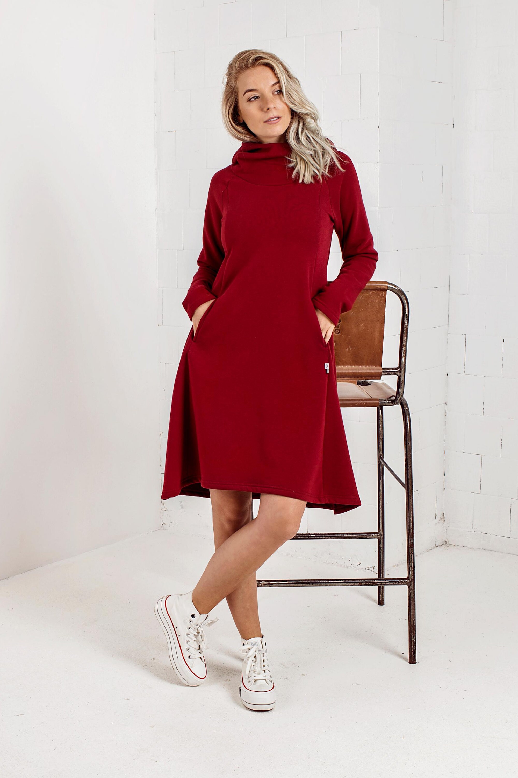 Red Hooded Dress Sweatshirt Dress 